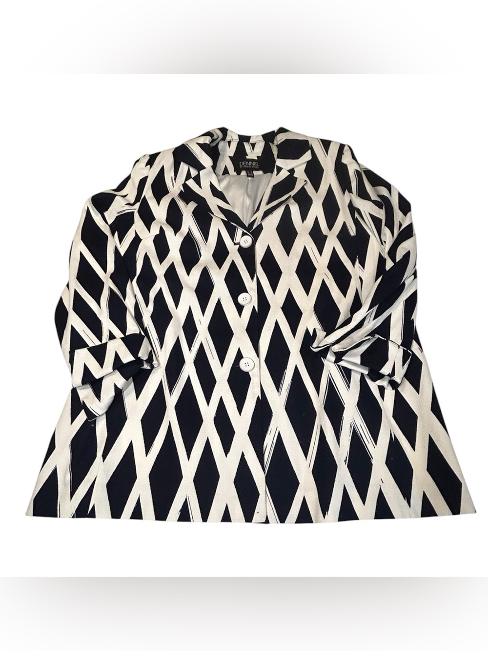 Dennis Basso Size 14 Blazer Navy White Geometric Print Statement Jacket Preppy